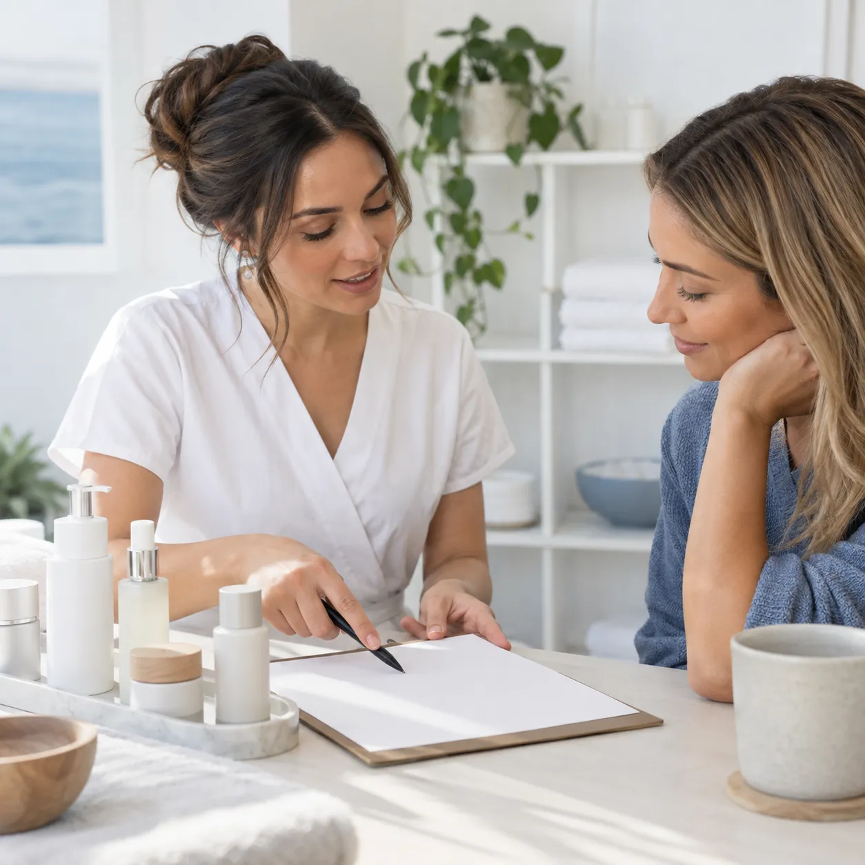Esthetician discussing skincare with a client
