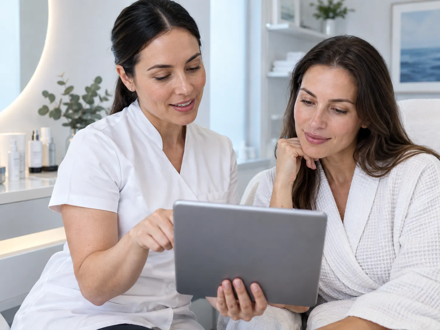 Skincare consultation with a tablet